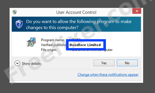 Screenshot where Bundlore Limited appears as the verified publisher in the UAC dialog